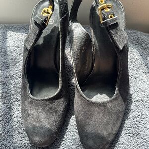 Coach Black Suede Slingback Heels with Gold Buckle